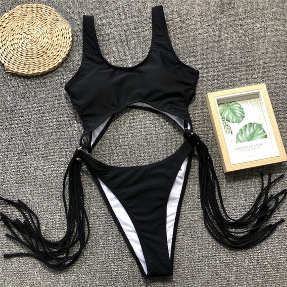 Fringe High Cut One Piece Black Bikini Swimsuit - Picture 8 of 9